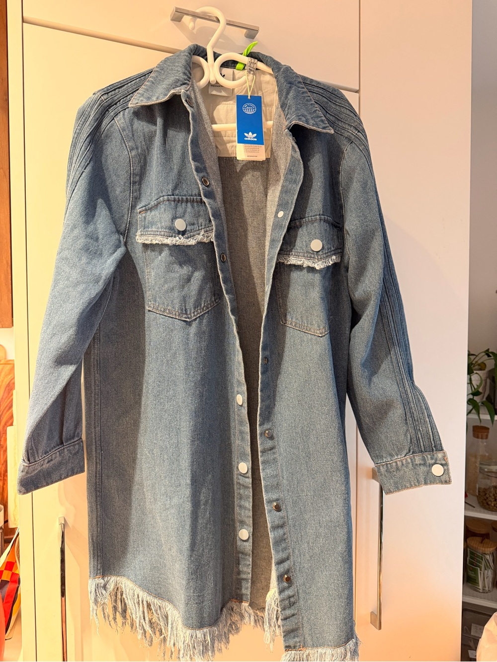 KS X ADIDAS ORIGINALS Light Blue Denim Long Jacket/dress with Frayed Hem